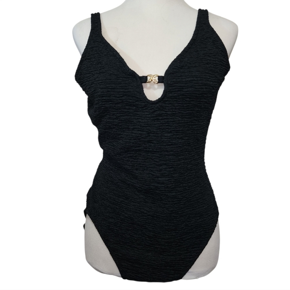 Vtg 1990s Pacific Connections 1PC Black Swimsuit Size 16 Jeweled Accent Shaping